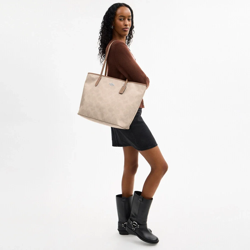 💛Coach NWOT Sand Large City Tote Bag In Maxi Signature Canvas / Silver Hardware